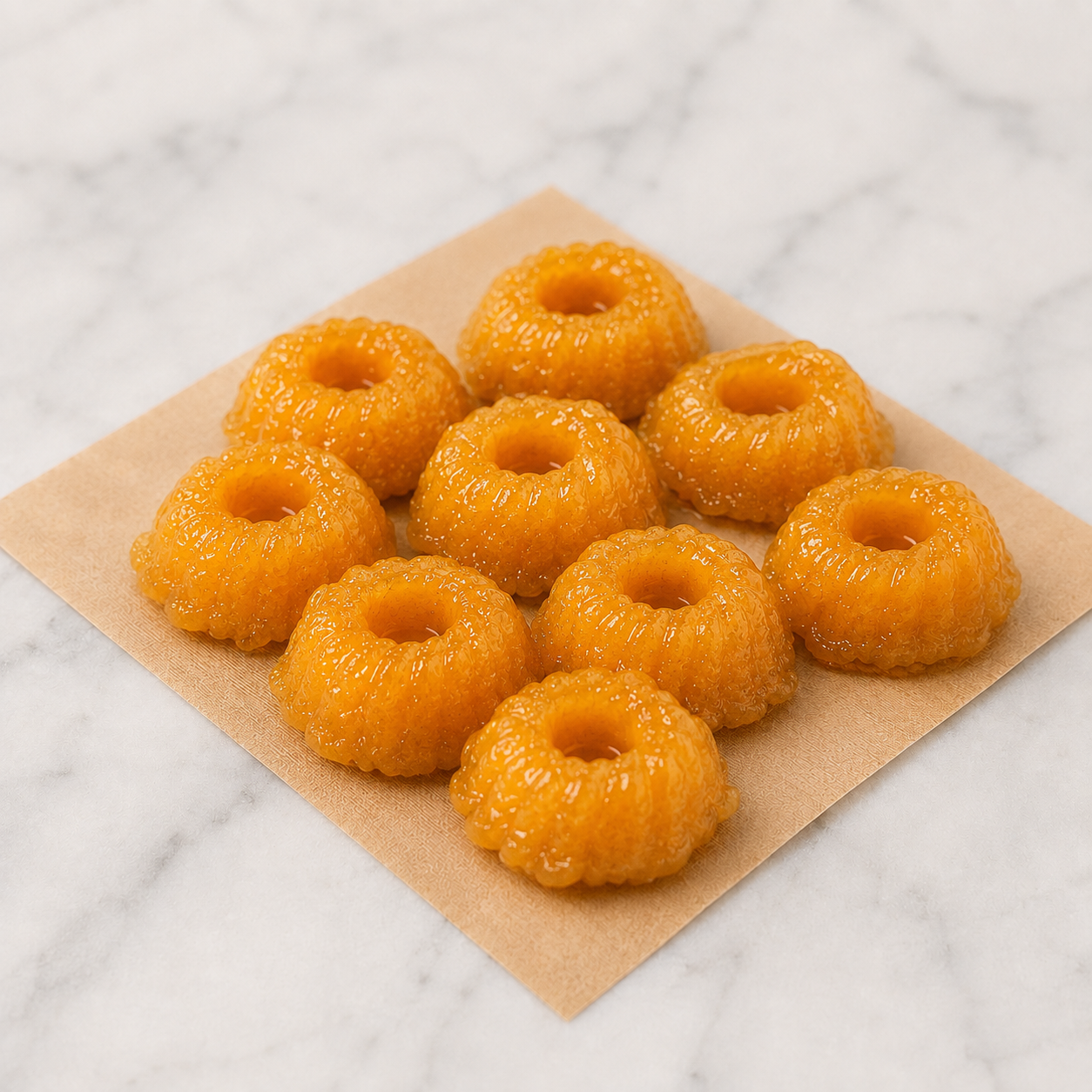 Nine glossy golden-yellow quindins, traditional coconut and egg yolk desserts, arranged on beige paper over a white marble surface.