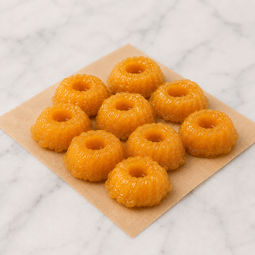 Nine glossy golden-yellow quindins, traditional coconut and egg yolk desserts, arranged on beige paper over a white marble surface.