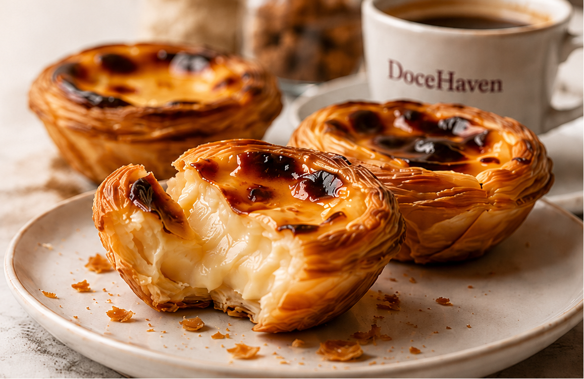 A freshly baked Pastel de Nata with flaky golden pastry and caramelized custard