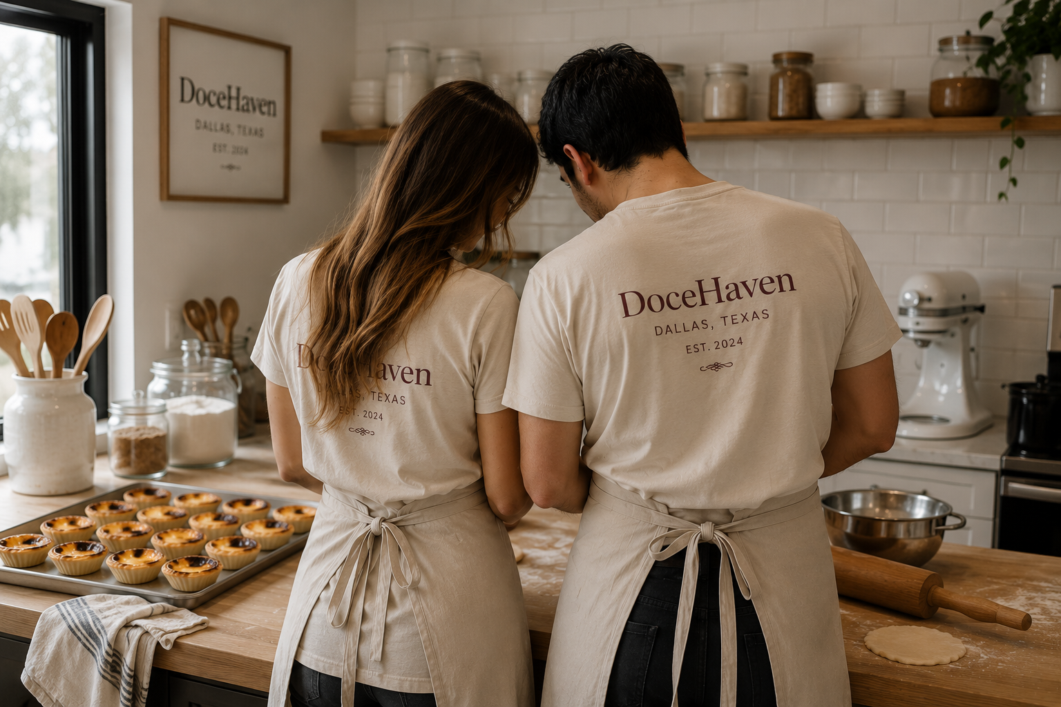 DoceHaven owners preparing Pastéis de Nata together in a Dallas kitchen